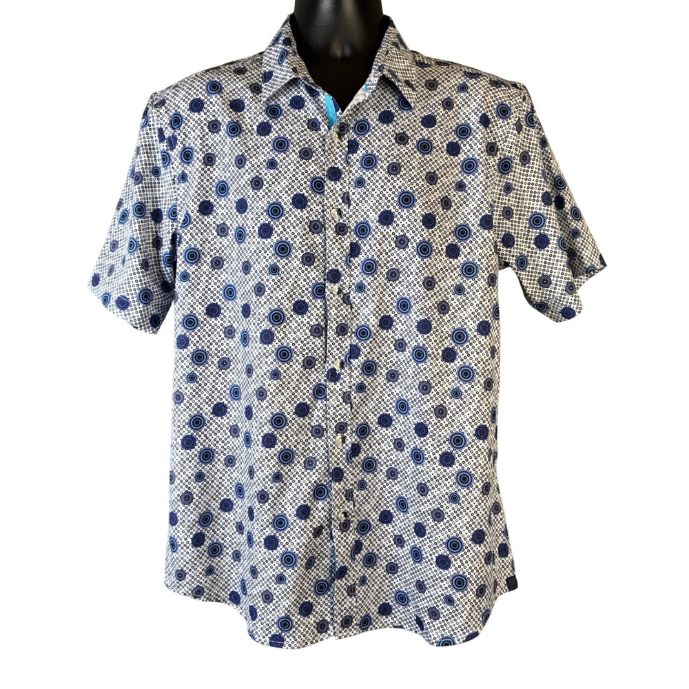 VTG 1946 Men's Blue White Geometric Medallion Short Sleeve Button Down Shirt Lg